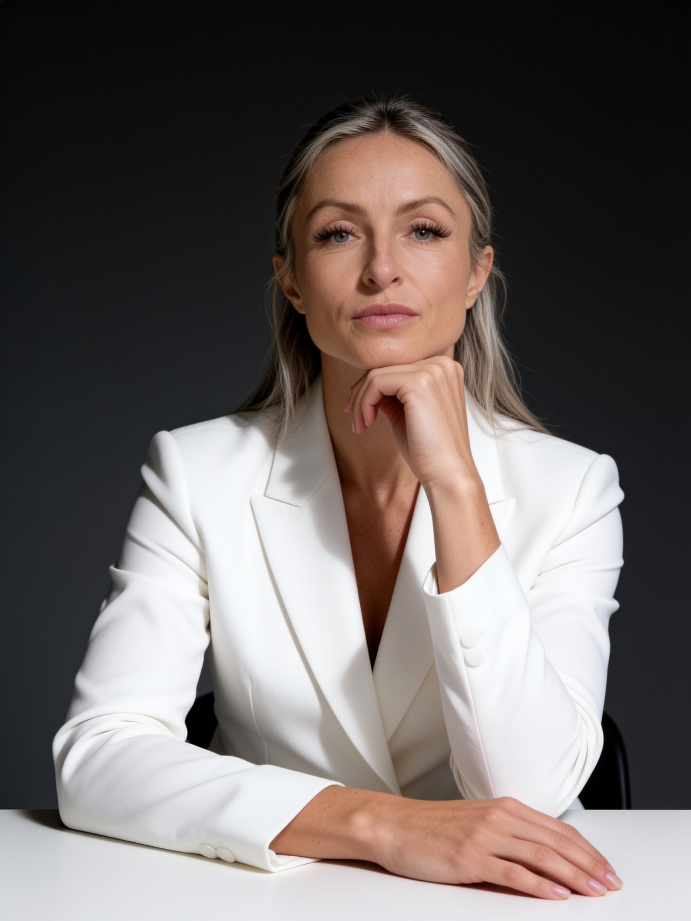 Dorota Doctorow seated in a white suit